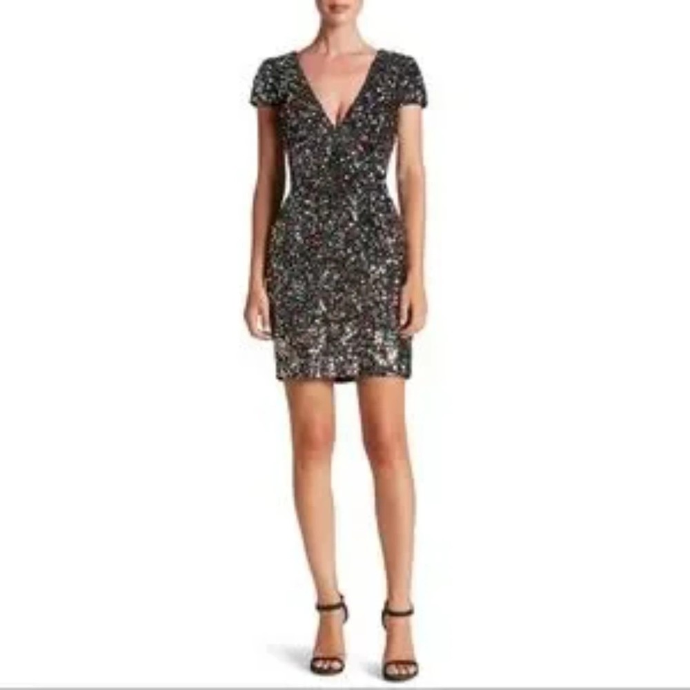 NWT Dress The Population Bree black Sequin Mini Sheath Dress size L - Picture 2 of 9